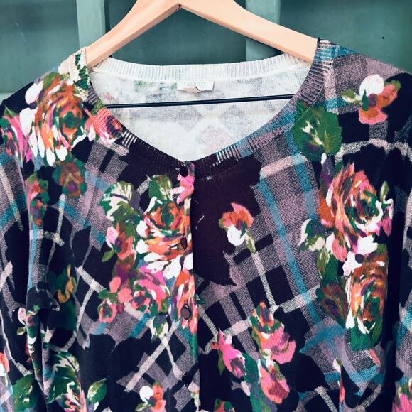 Talbots Sweaters - Talbots Floral Plaid Crewneck Cardigan Sweater- size M- eclectic preppy